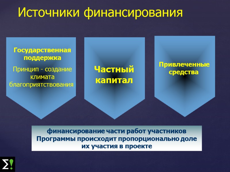 Частный капитал Источники финансирования финансирование части работ участников Программы происходит пропорционально доле их участия